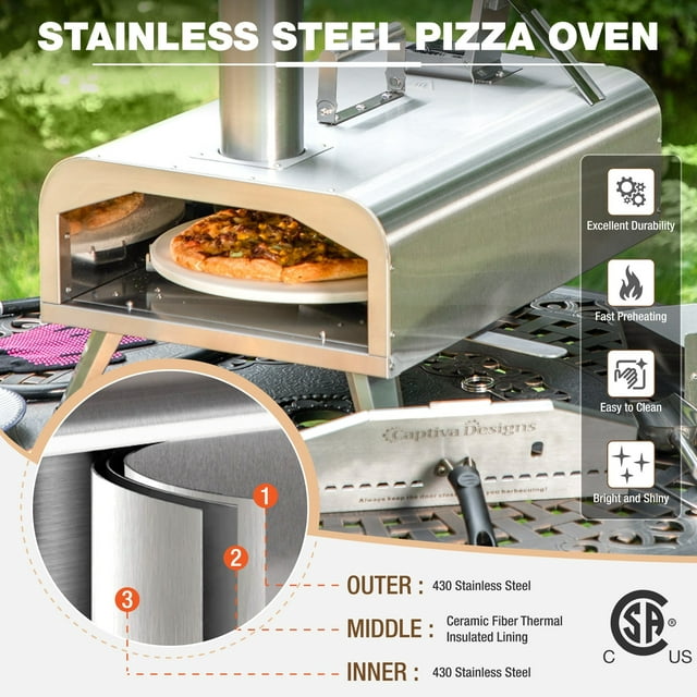 Kitchen Academy Outdoor Pizza Oven Wood Fired & Gas Oven with 12" Rotatable Pizza Stone