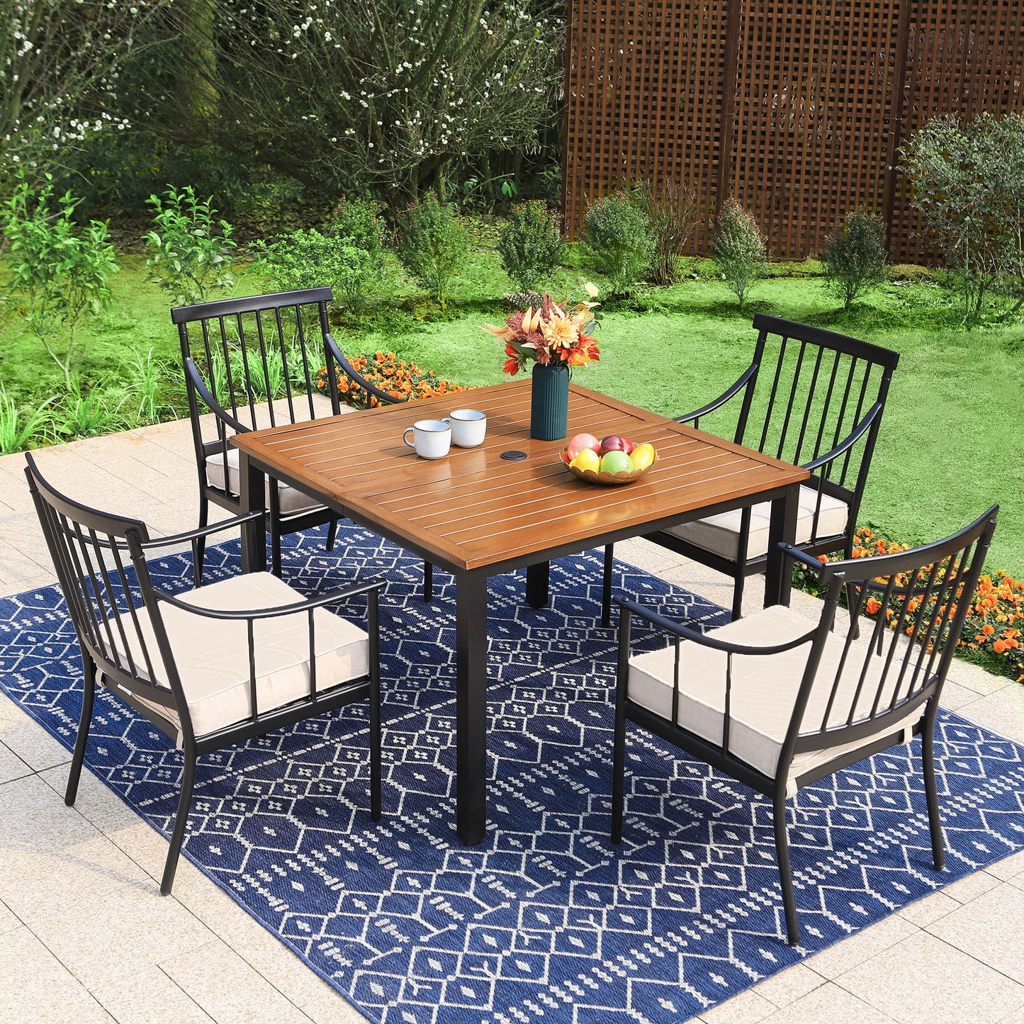 Sophia & William 5Pcs Patio Outdoor Dining Set Teak Steel Table and Cushioned Chairs Furniture Set