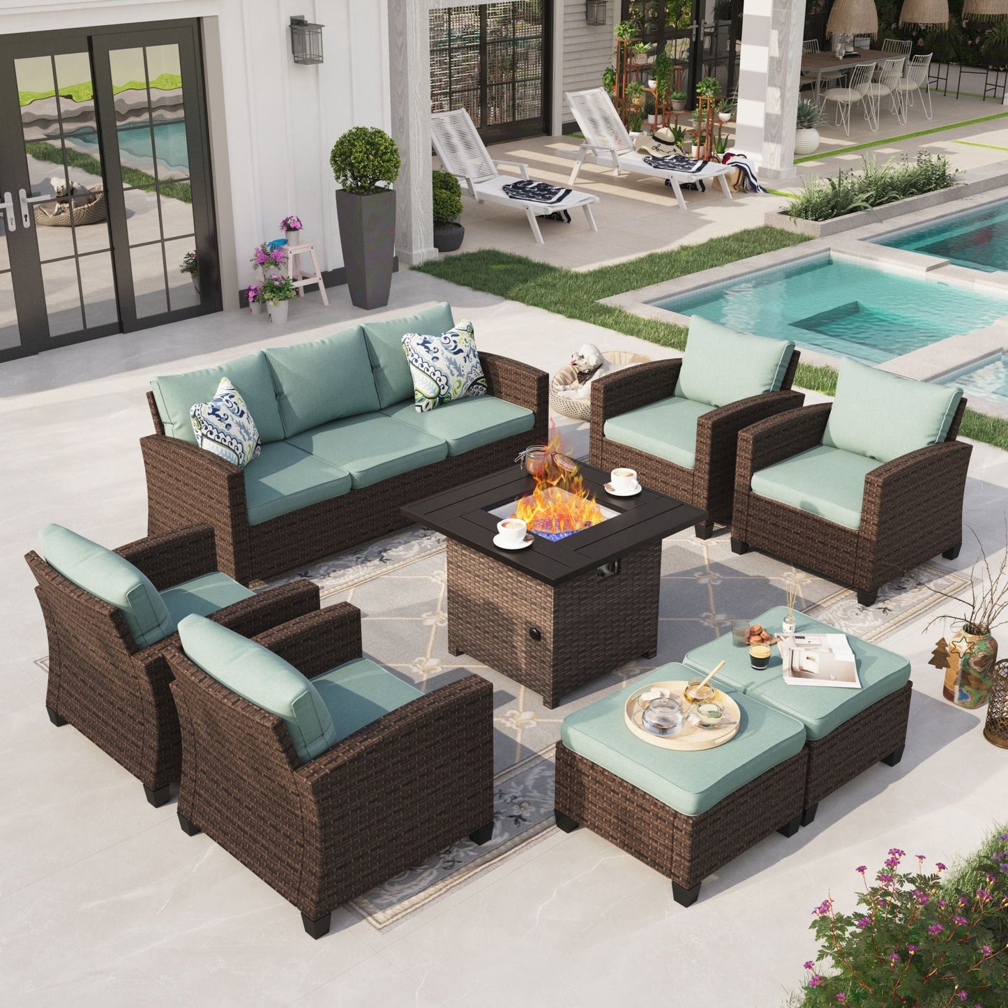 Sophia & William 9-seat Wicker Patio Converation Set with Fire Pit Table, Blue