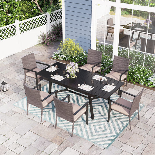 7-Piece Patio Dining Set with Extendable Table & 6 Rattan Chairs, Black & Beige