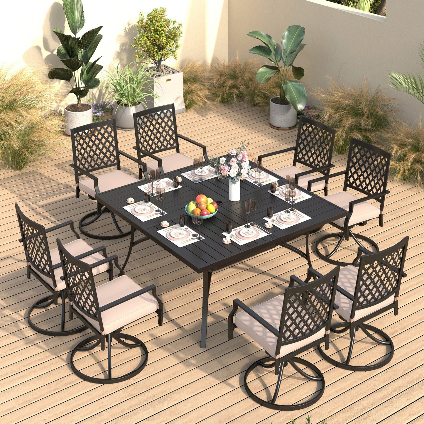 Sophia & William 9 Piece Outdoor Metal Patio Dining Set 60" Square Table and Cushioned Swivel Chairs Furniture Set