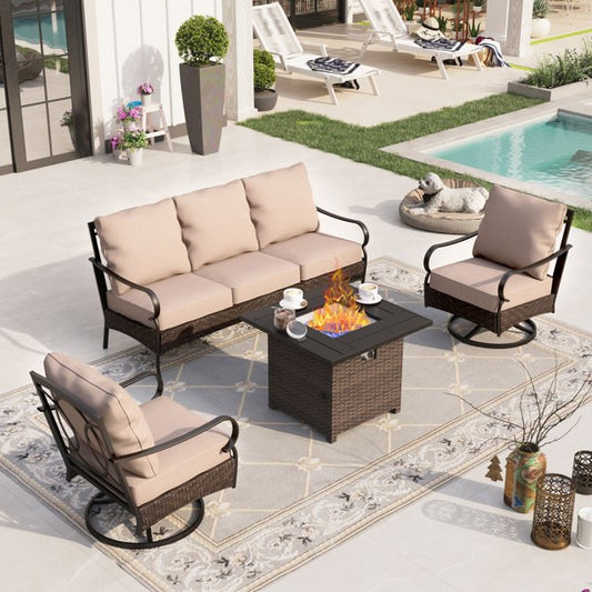 Sophia & William 4 Piece Metal Patio Conversation Sofa Set 5-Seat Outdoor Sectionals with Fire Pit Table