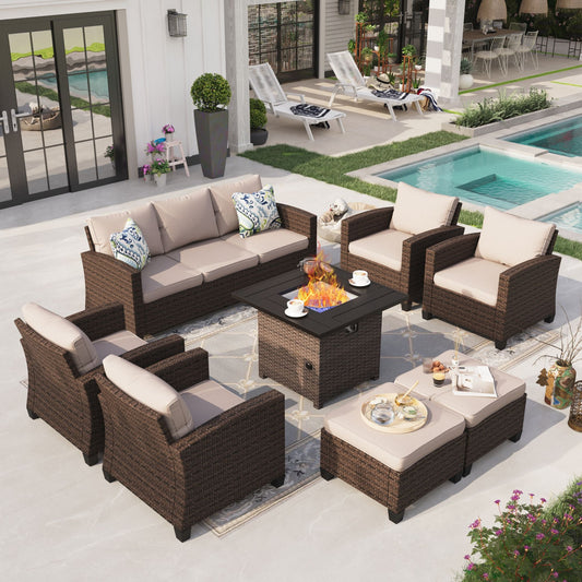 Sophia & William 9-seat Wicker Patio Converation Set with Fire Pit Table, Beige