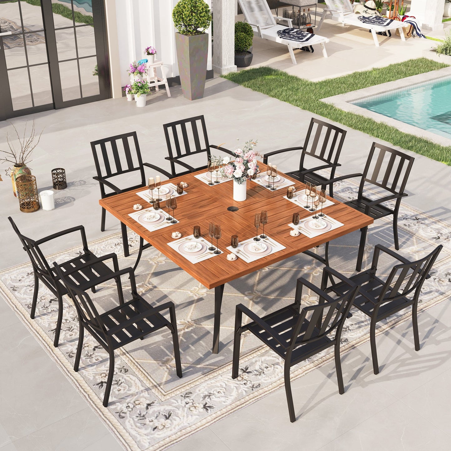 Sophia & William 9 Piece Outdoor Metal Patio Dining Set 60" Teak Wood Square Table and Chairs Furniture Set for 8, Brown