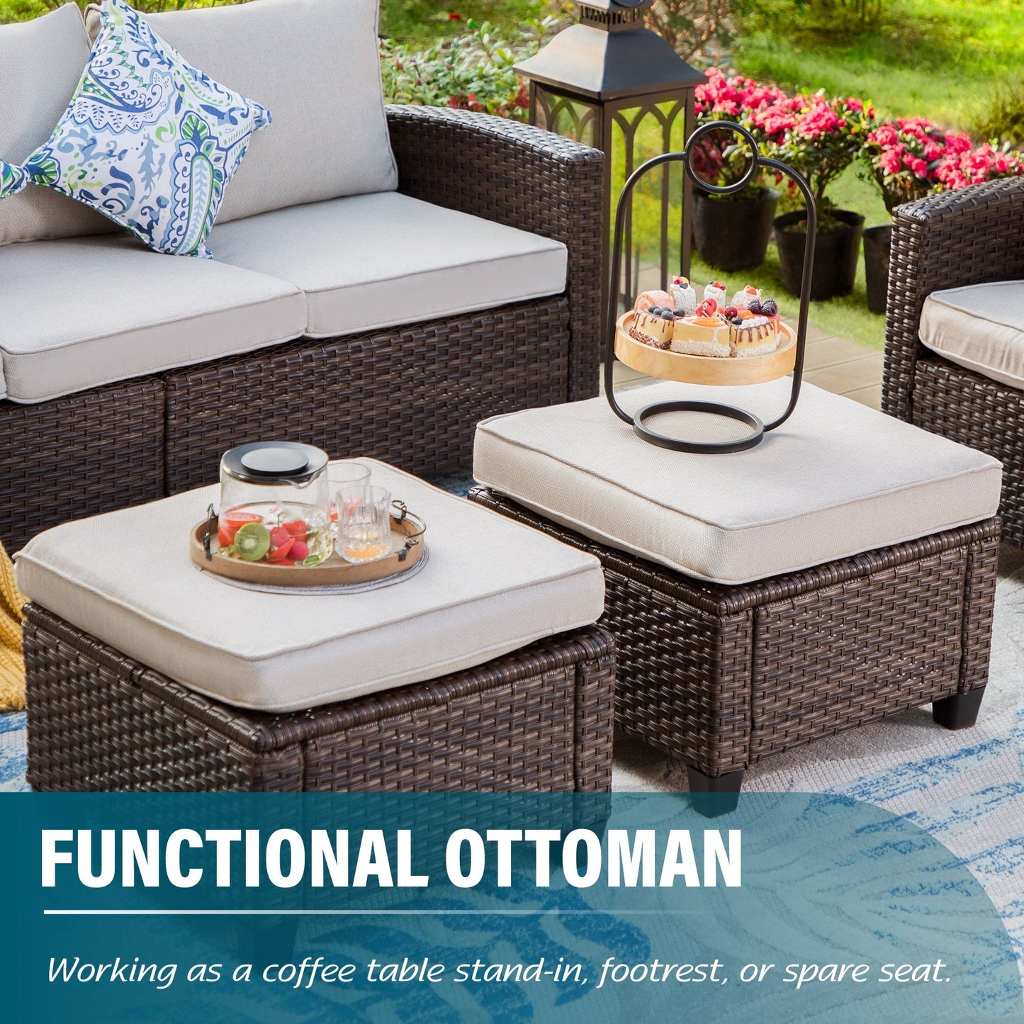 Sophia & William 7-seat Wicker Patio Converation Set with Fire Pit Table, Beige