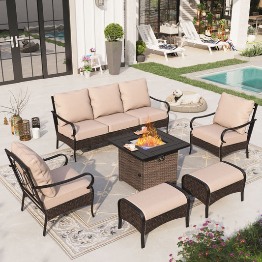 Sophia & William 6 Piece Metal Patio Conversation Sofa Set 7-Seat Outdoor Sectionals with Fire Pit Table