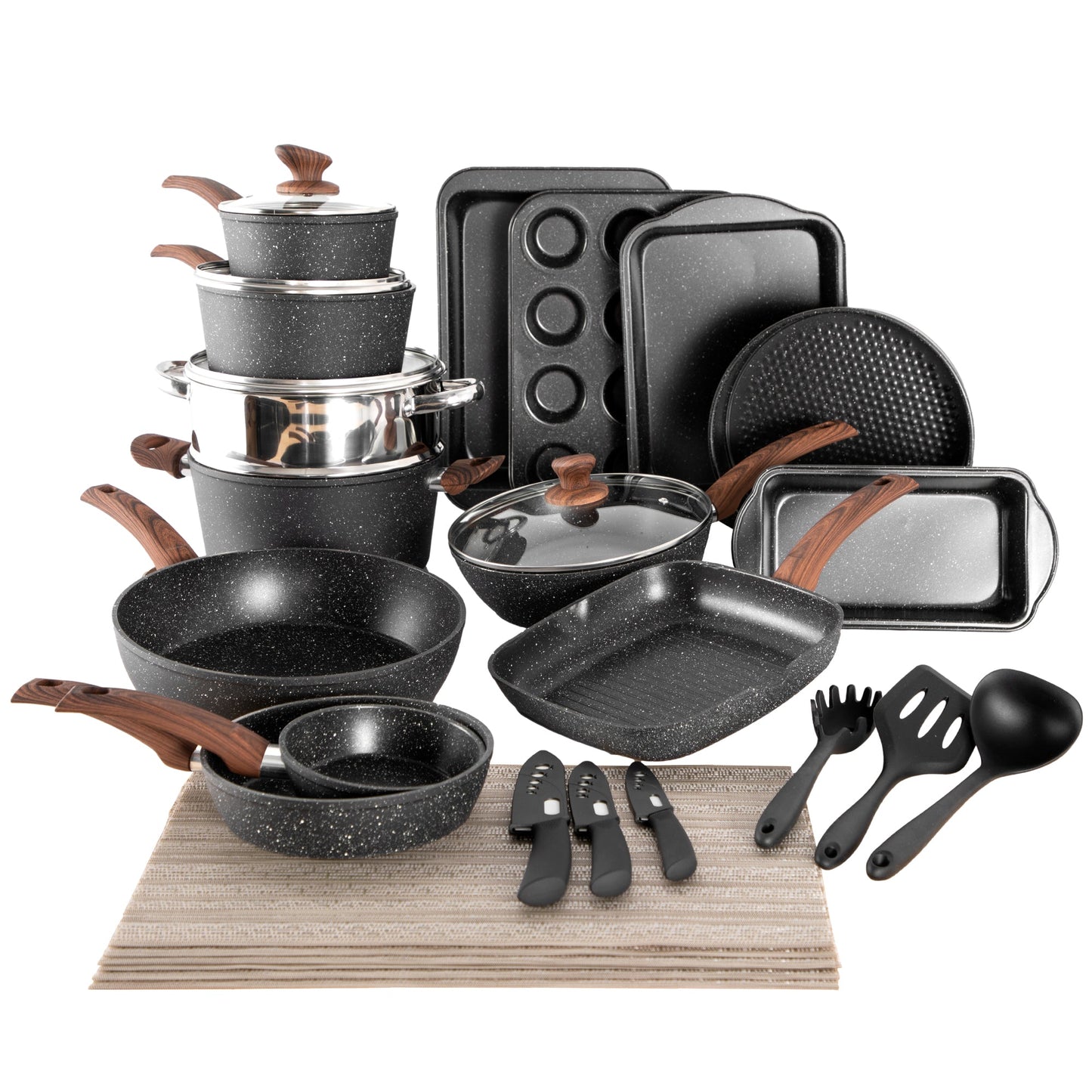 Sophia & William 30 Pieces Cookware & Bakeware Set Granite Non-stick Aluminum Pots and Pans, Black