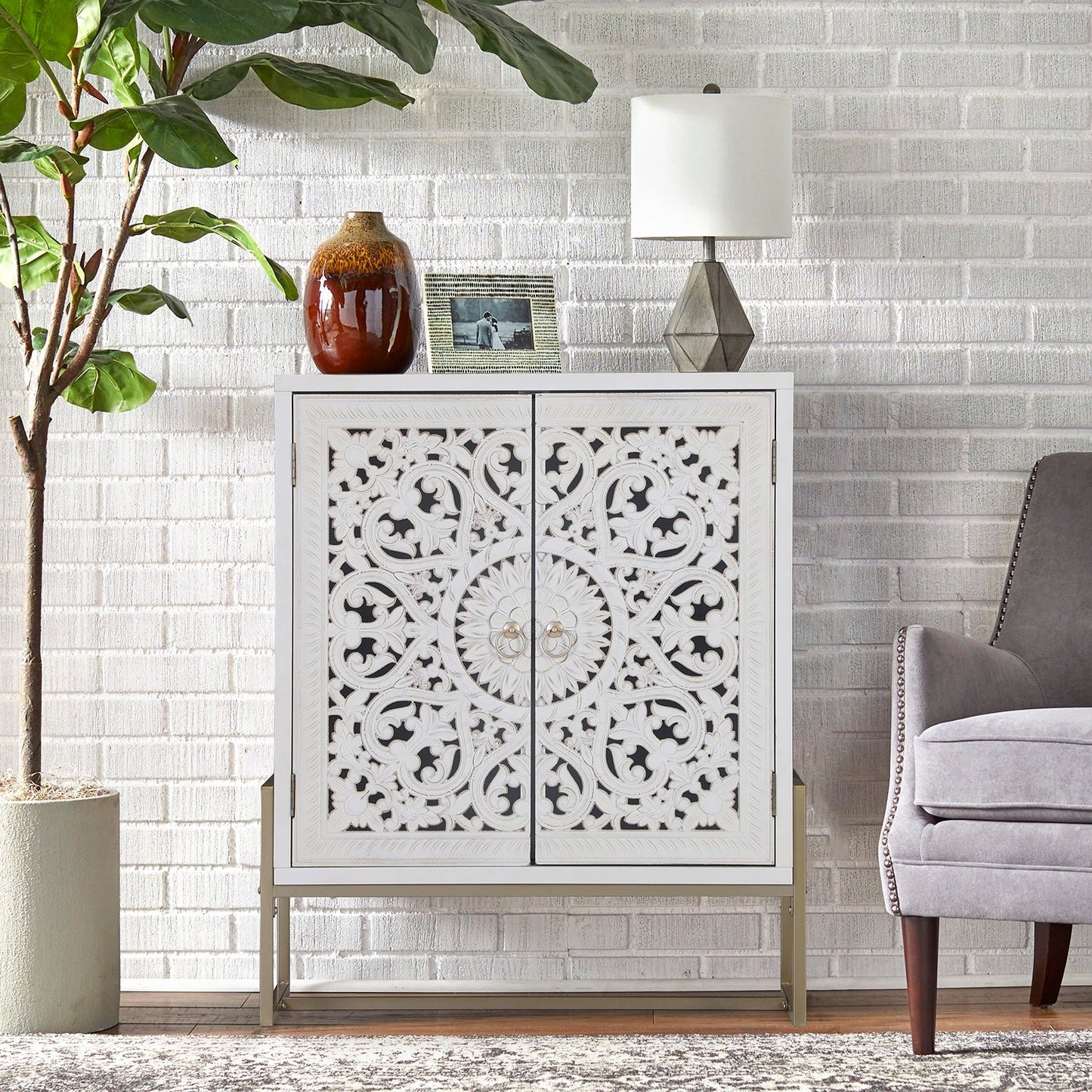 Sophia & William 2-Door Flower Hollow-Carved Metal Feet Accent Cabinet-White