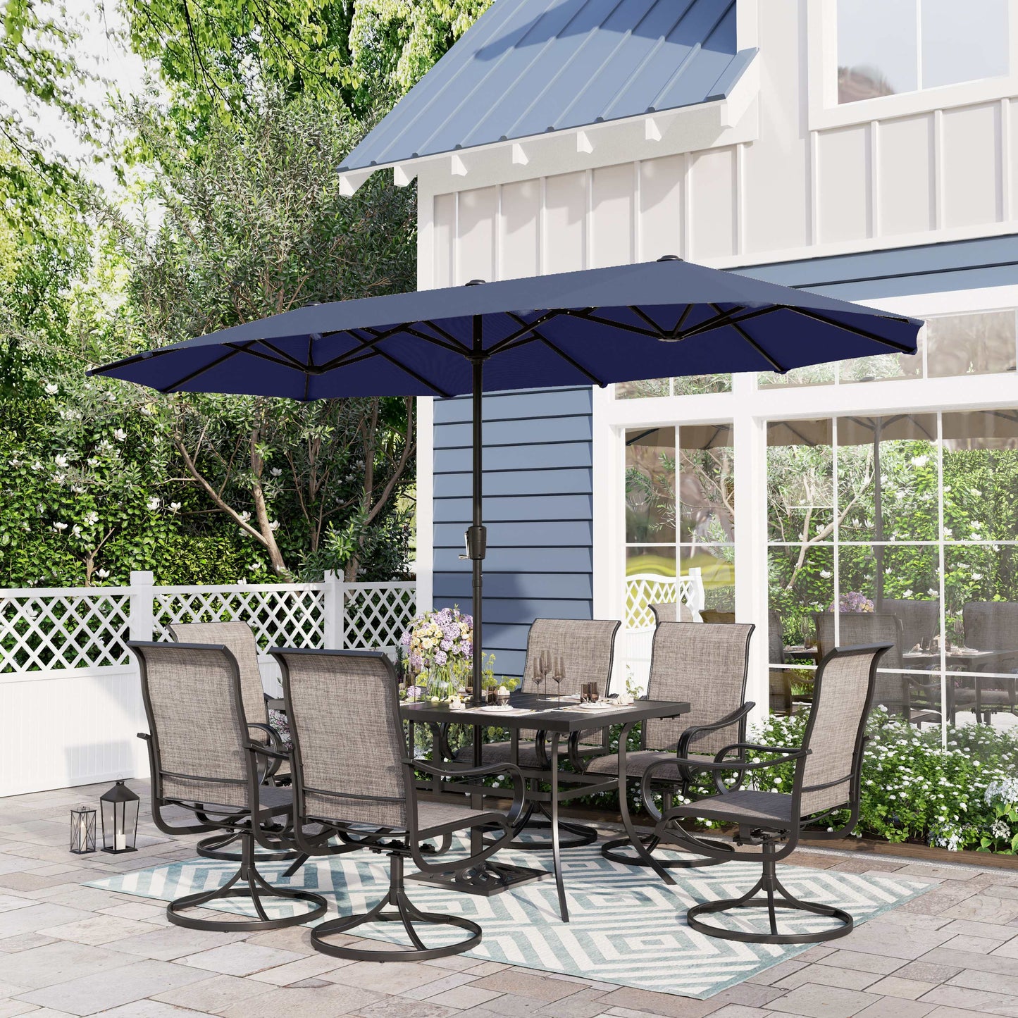 Sophia & William 8-Piece Outdoor Patio Dining Set with 13 ft Navy Umbrella, Textilene Chairs & Rectangle Table for 6