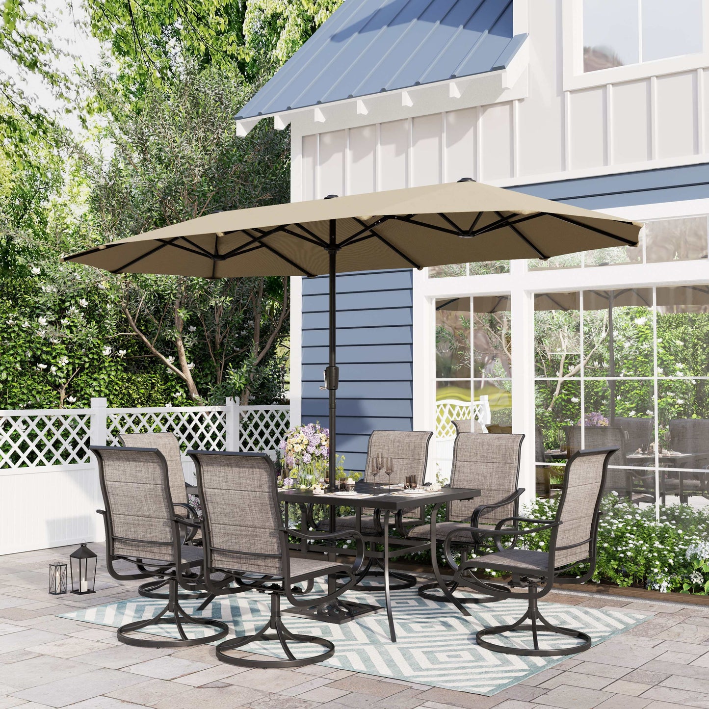Sophia & William 8-Piece Outdoor Patio Dining Set with 13 ft Beige Umbrella, Rectangle Table & Textilene Chairs for 6