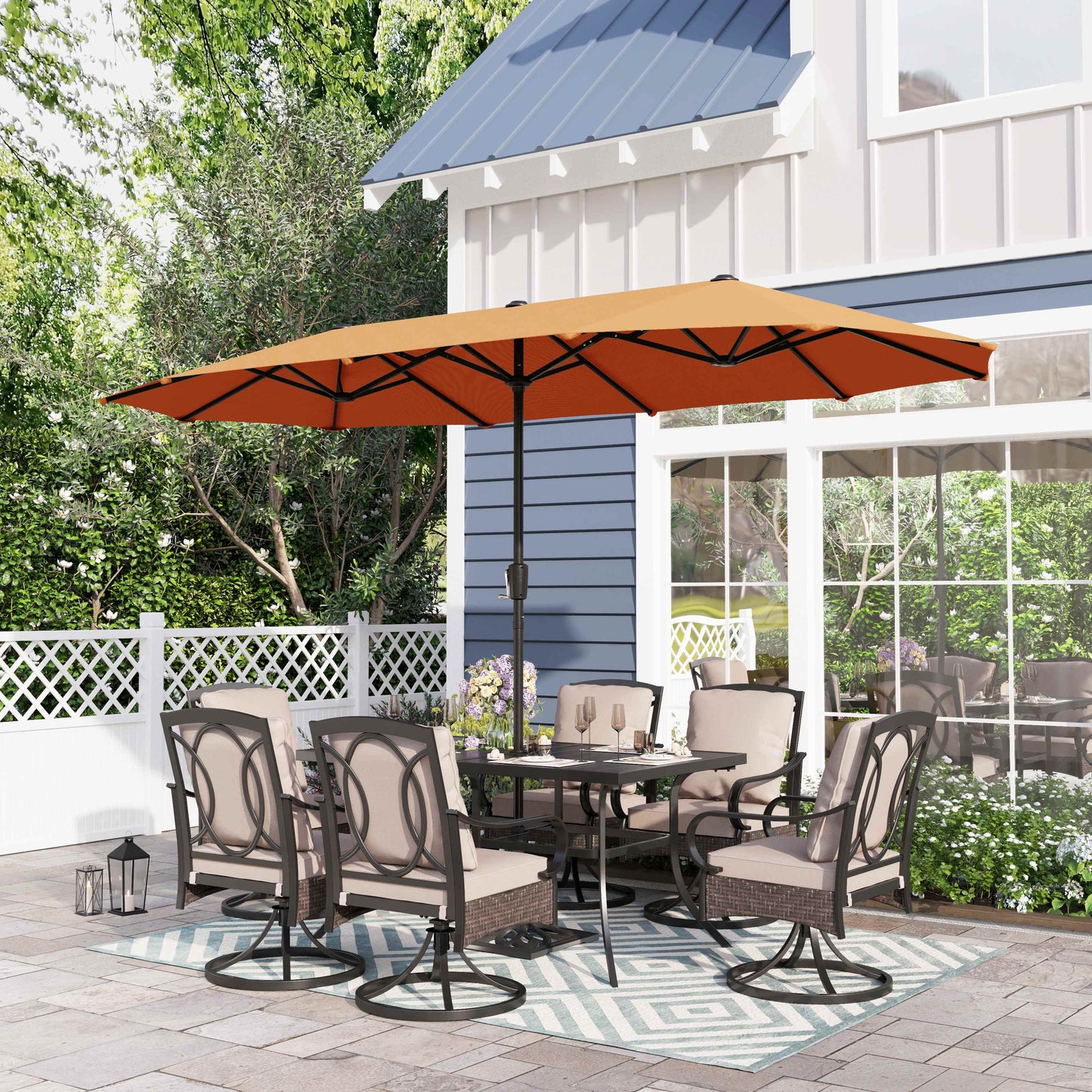 Sophia & William 8-Piece Outdoor Patio Dining Set with 13 ft Orange Red Umbrella, Rattan Chairs & Rectangle Table for 6-person