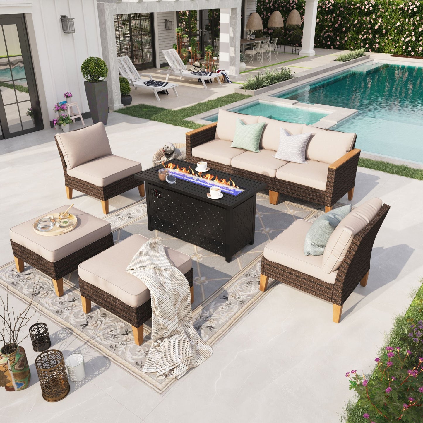 Sophia & William 8 Piece Outdoor Wicker Patio Conversation Sofa Set with Fire Pit Table