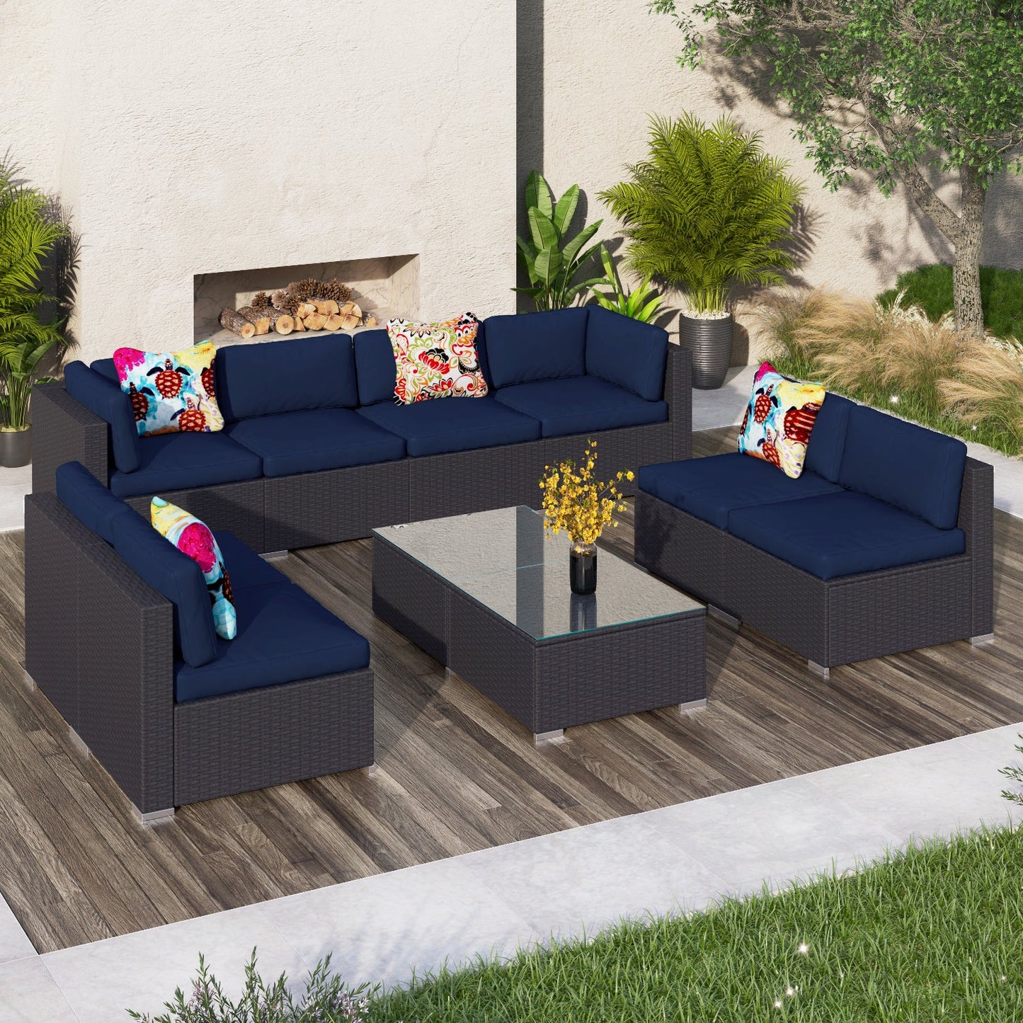 Sophia & William 10 Pcs Wicker Rattan Outdoor Sectionals Patio Conversation Sets - Blue