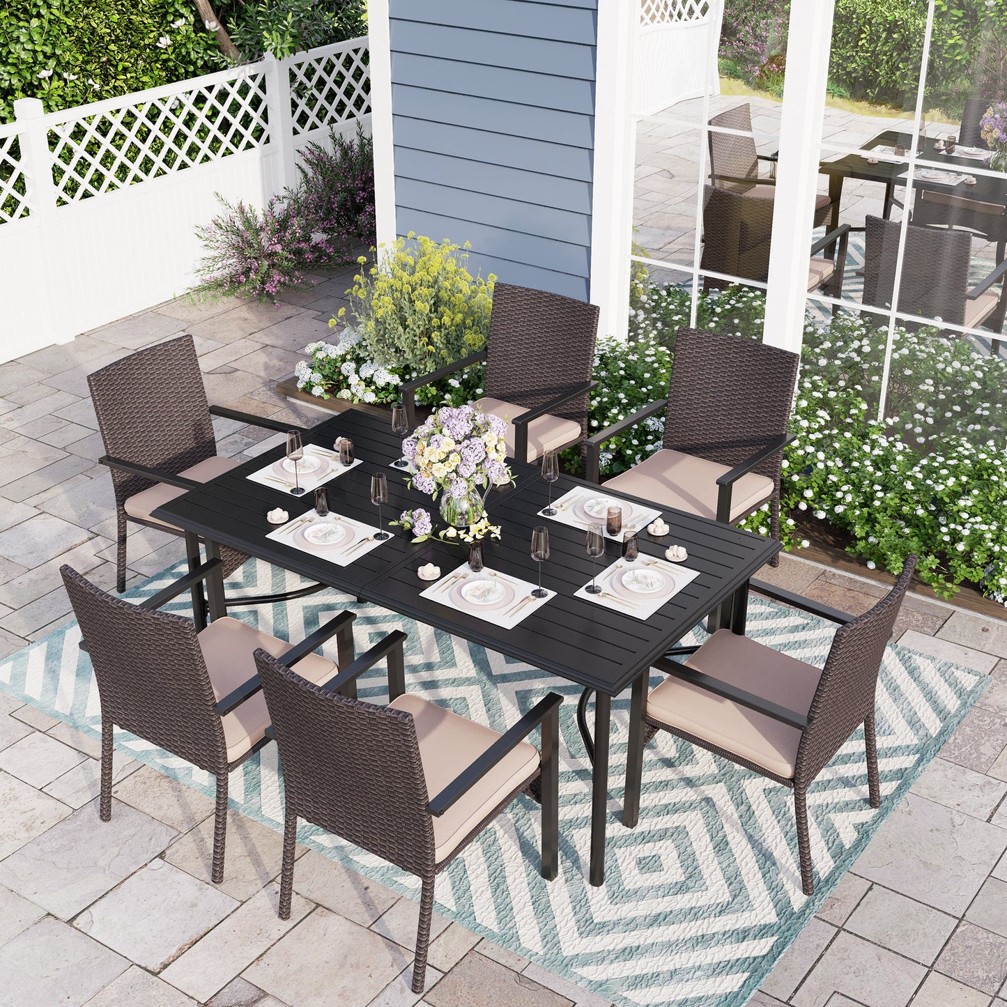 Sophia & William Patio Rattan Dining Set Metal Table with Chairs, Beige Cushion