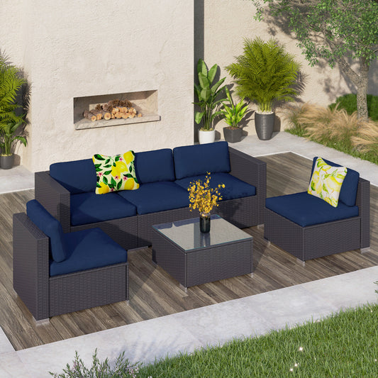 Sophia & William 6 Pieces Outdoor Patio Furniture Sofa Set, Wicker Rattan Patio Furniture Sectional Sofa Sets with Tea Table and Washable Couch Cushions, Navy Blue