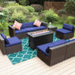 Sophia & William 9 Pcs Rattan Patio Conversation Set Outdoor Sectionals with Fire Pit Table - Navy Blue