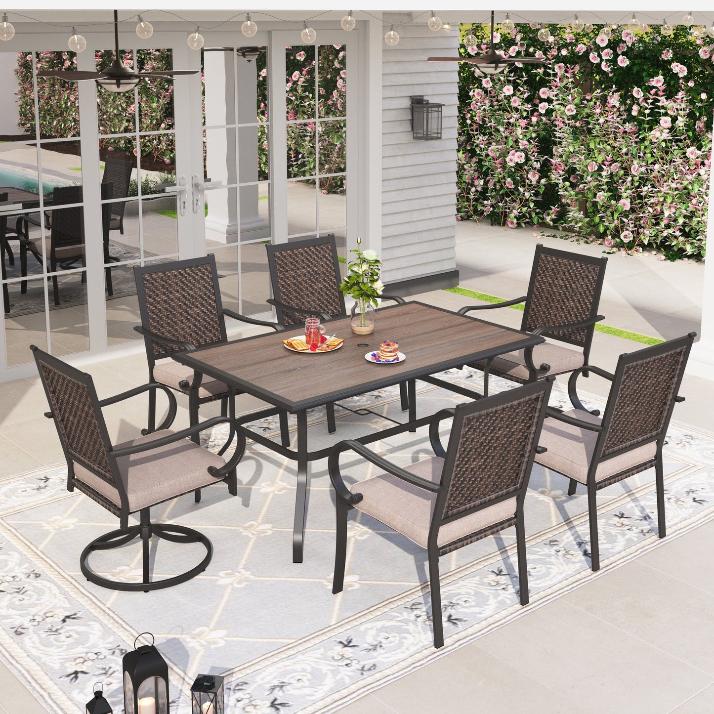 Sophia & William 7 Pieces Outdoor Patio Dining Set with 2 Swivel Wicker Chairs, 4 Fixed Wicker Chairs and 1 Rectangle Steel Table for 6-person