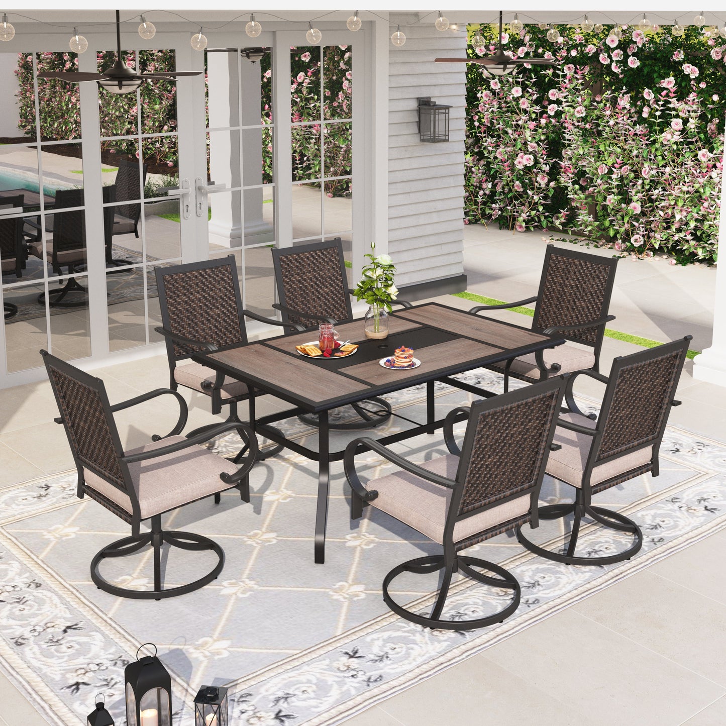 Sophia & William 7 Pieces Outdoor Patio Dining Set Wicker Swivel Chairs and Steel Table