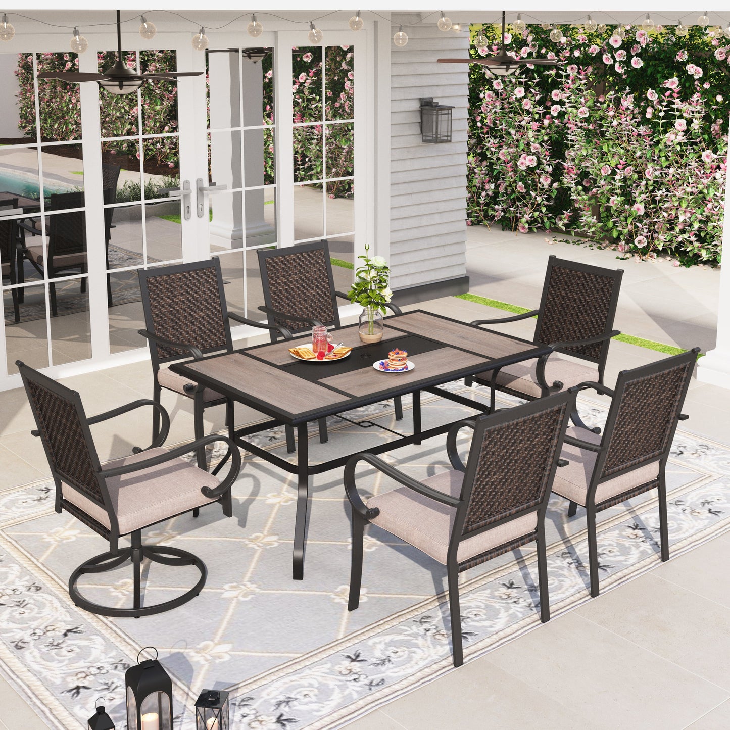 Sophia & William 7 Pieces Outdoor Patio Dining Set with 2 Swivel Wicker Chairs, 4 Fixed Wicker Chairs, and 1 Steel Table
