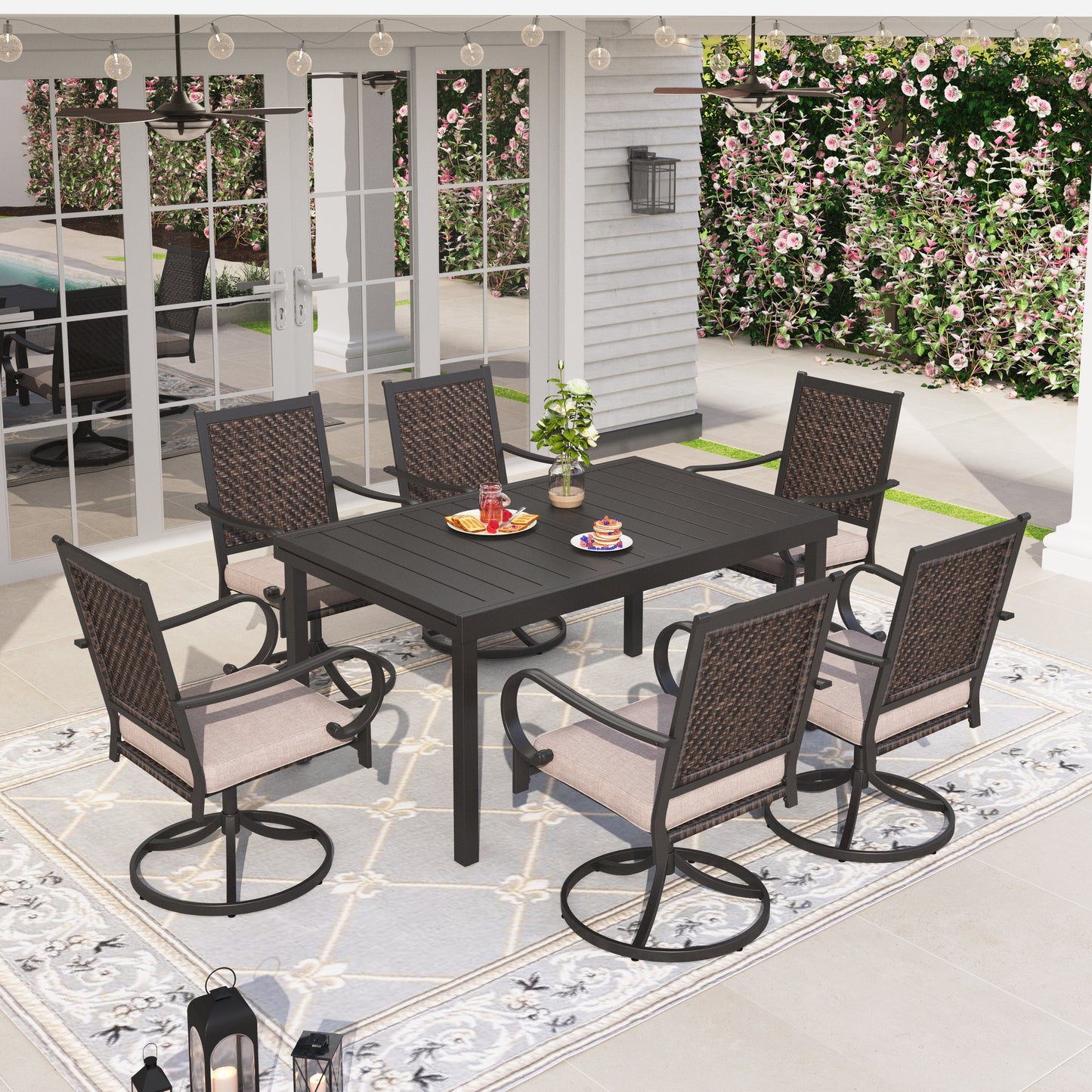 Sophia & William 7 Pieces Outdoor Patio Dining Set Wicker Swivel Chairs and Steel Table