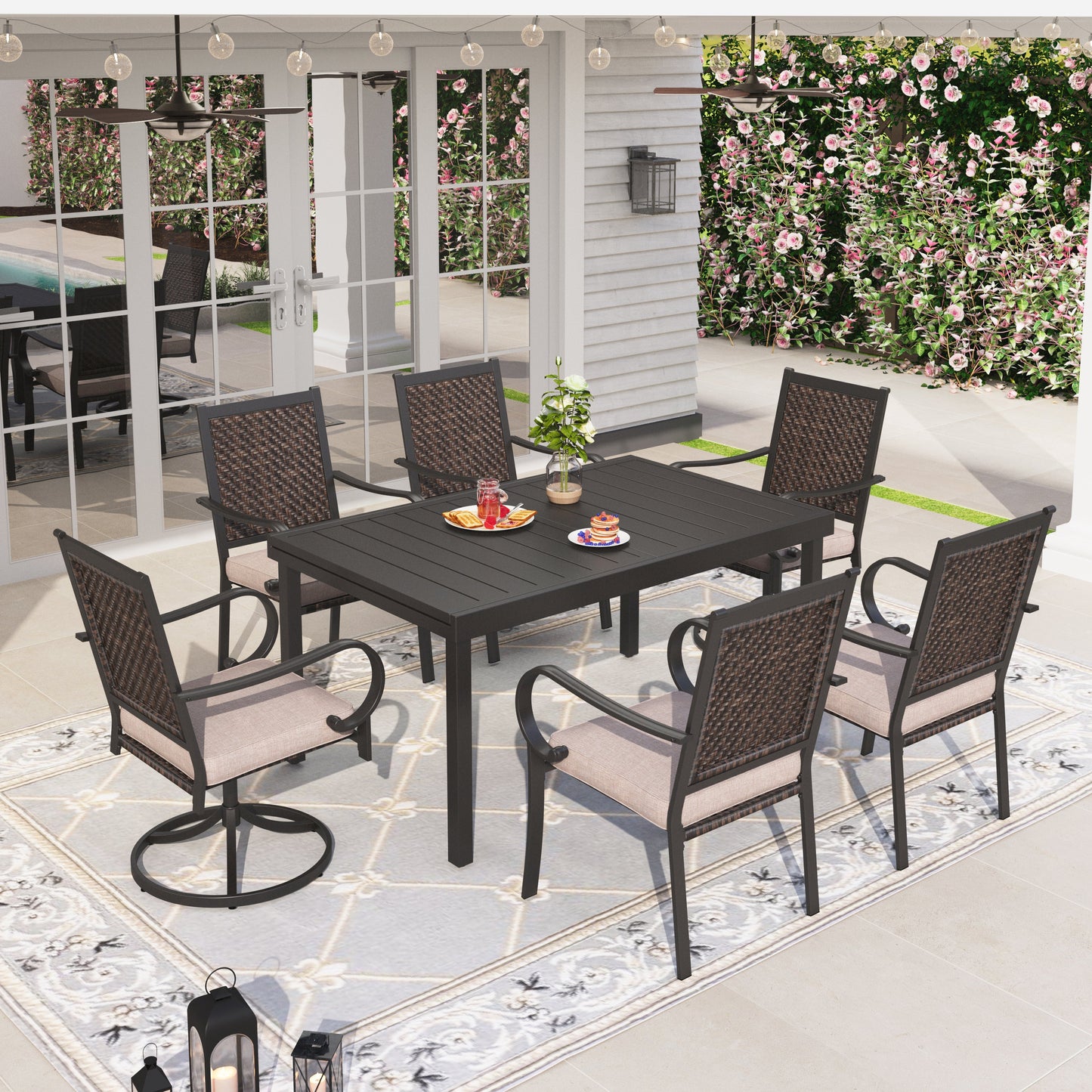 Sophia & William 7 Pieces Outdoor Patio Dining Set with Swivel & Fixed Wicker Chairs and Extendable Steel Table for 6-person