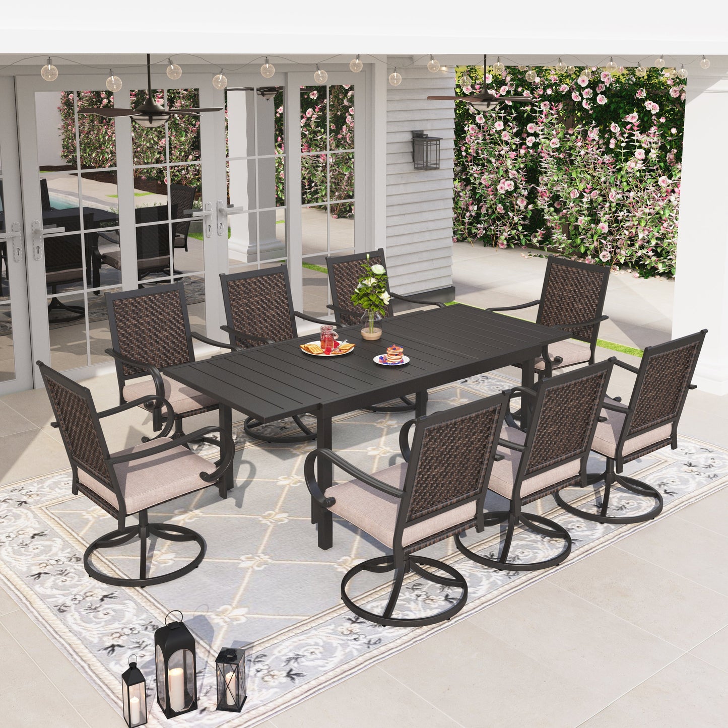 Sophia & William 9 Pieces Outdoor Patio Dining Set Wicker Swivel Chairs and Steel Table