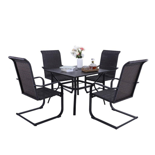Sophia & William 5 PCS Patio Dinning Set Steel Slat Patio Table with 4 Rattan C-spring Chairs