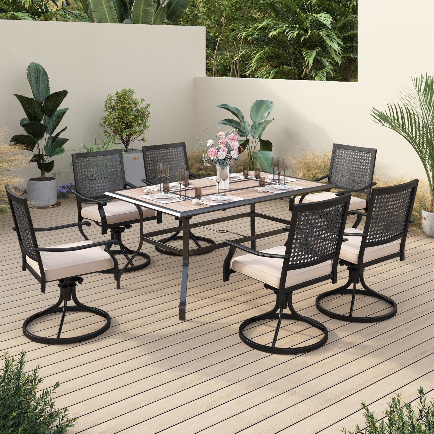 Sophia & William 7 Piece Outdoor Patio Dining Set 6 Patio Dining Swivel Chairs and 60" * 38" Metal Dining Table, with Wooden-like Table Top Suitable for Patio Outdoor Backyard