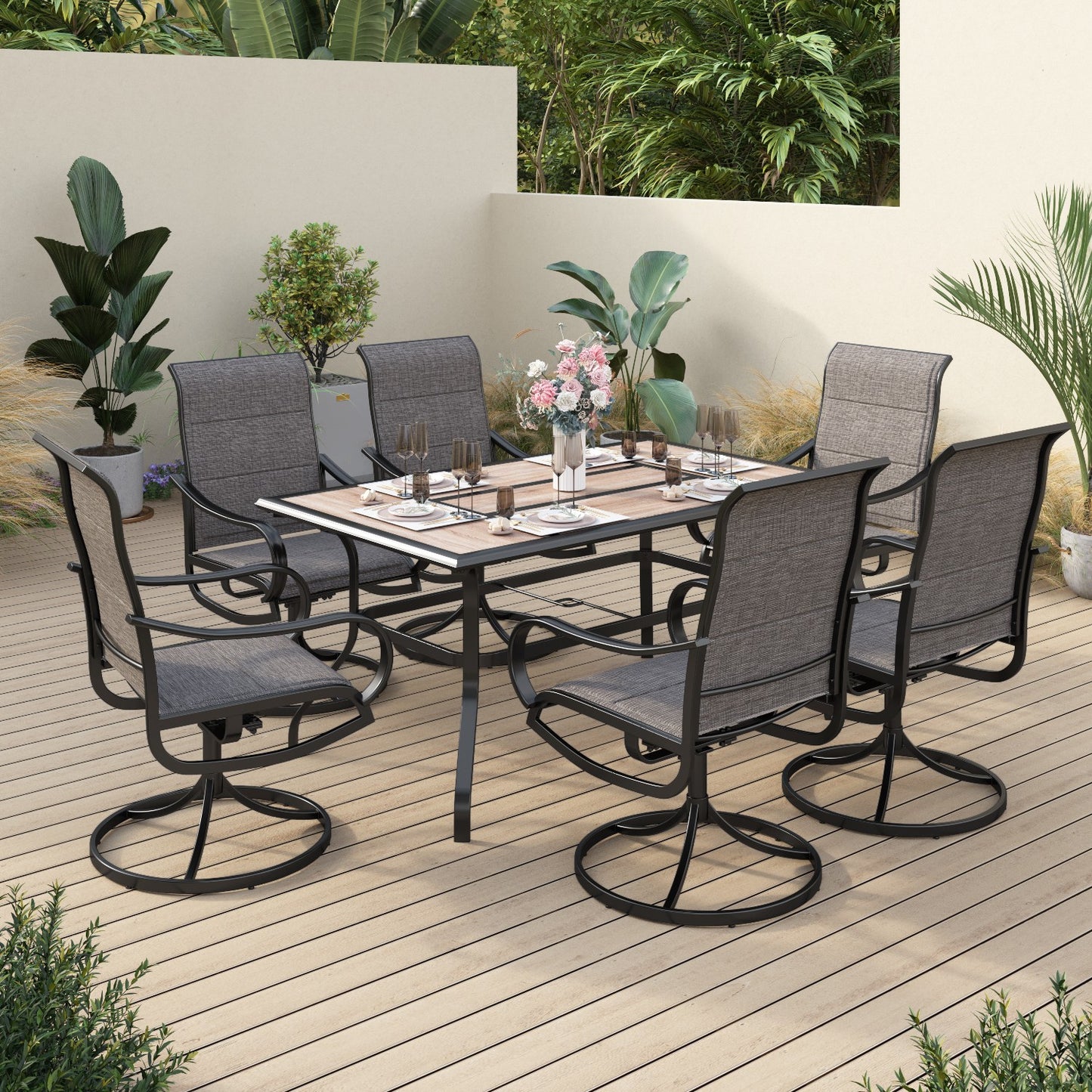 Sophia & William 7 Pieces Metal Patio Dining Set Swivel Paded Chairs and Table Set