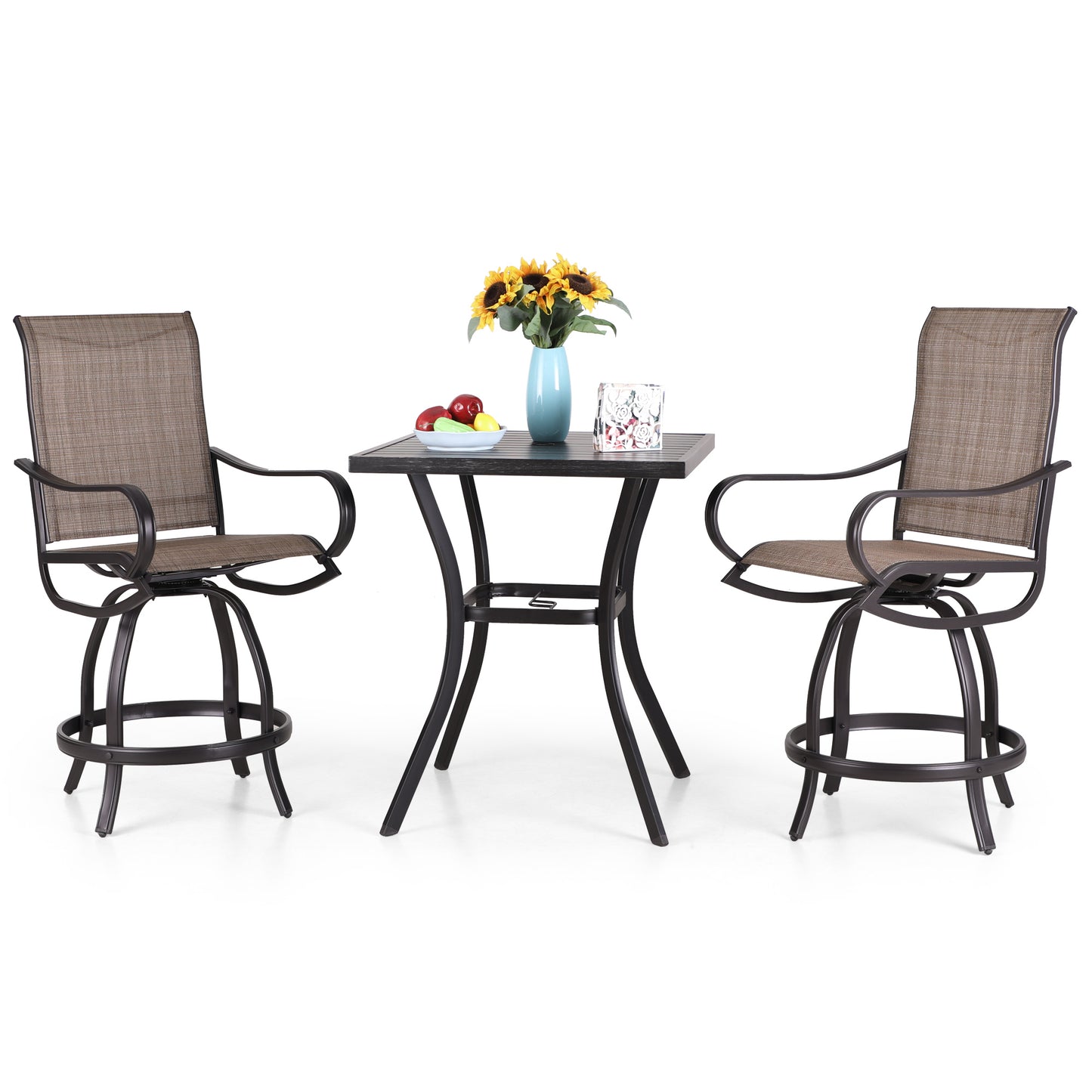 Sophia & William 3 Pieces Outdoor Metal Bar Stools and Table Set-Brown