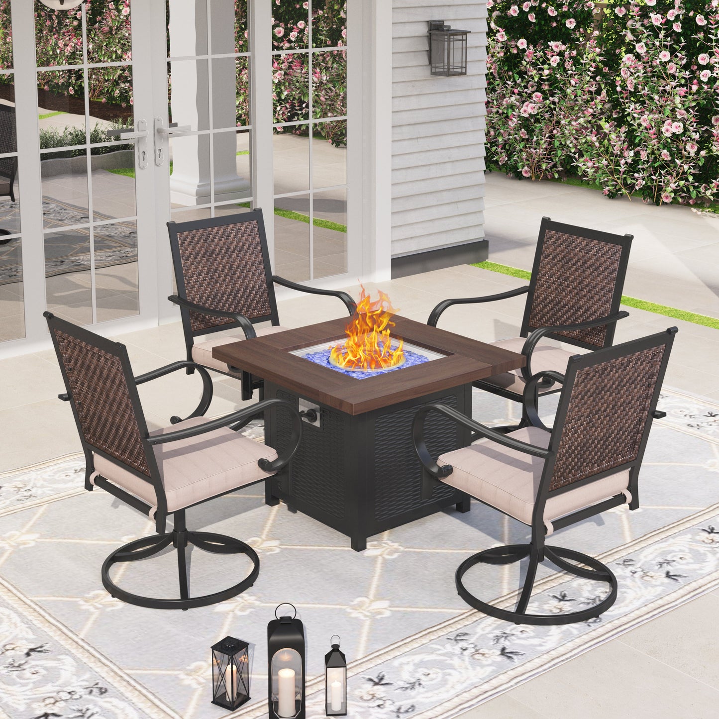 Sophia & William 5 Pieces Outdoor Patio Dining Set Wicker Swivel Chairs and Fire Pit Table