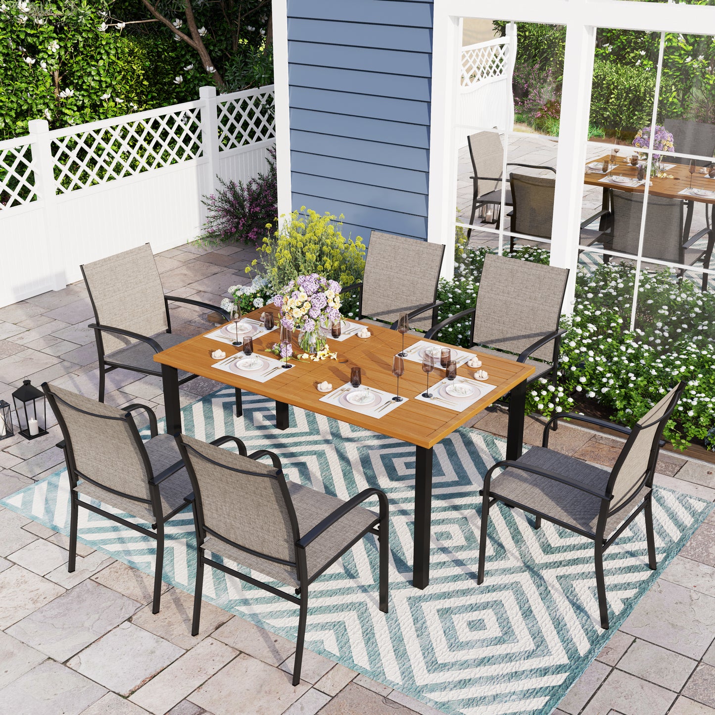 Sophia & William 7 Piece Patio Dining Set 60" Teak Dining Table and 6 Brown Textilene Chairs