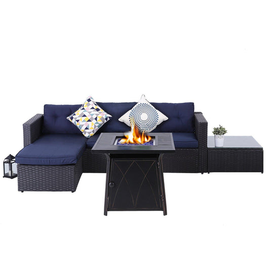Sophia & William 4-Piece Rattan Patio Conversation Set Outdoor Sectionals with Fire Pit Table - Navy Blue