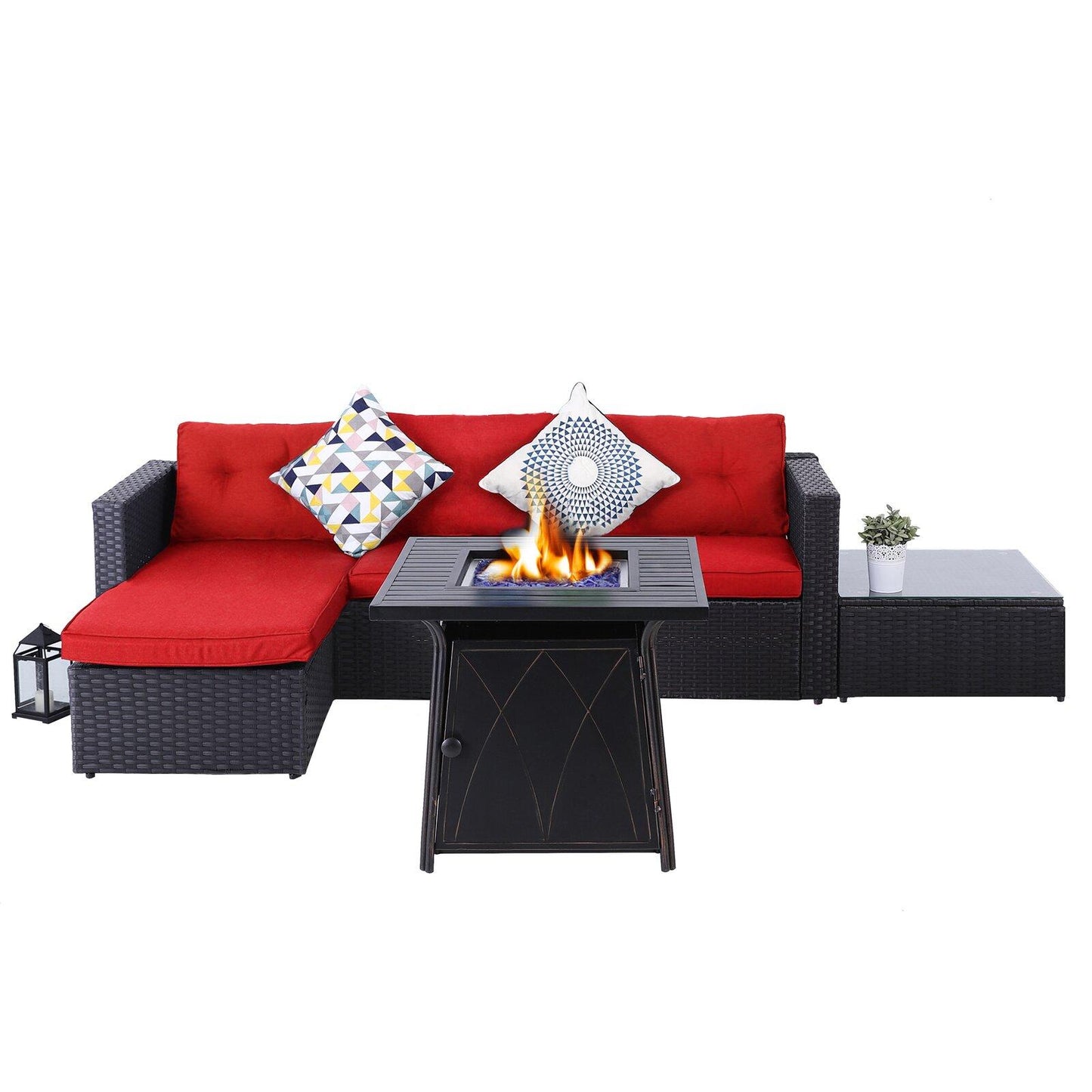 Sophia & William 4-Piece Rattan Patio Conversation Set Outdoor Sectionals with Fire Pit Table - Red