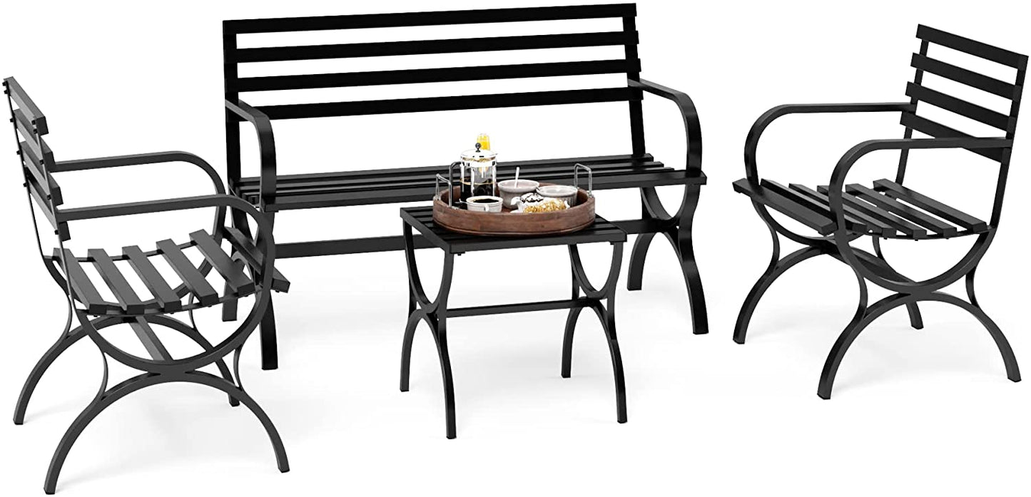 Sophia & William 4 Pieces Outdoor Metal Bench Table Set Patio Conversation Set - Black