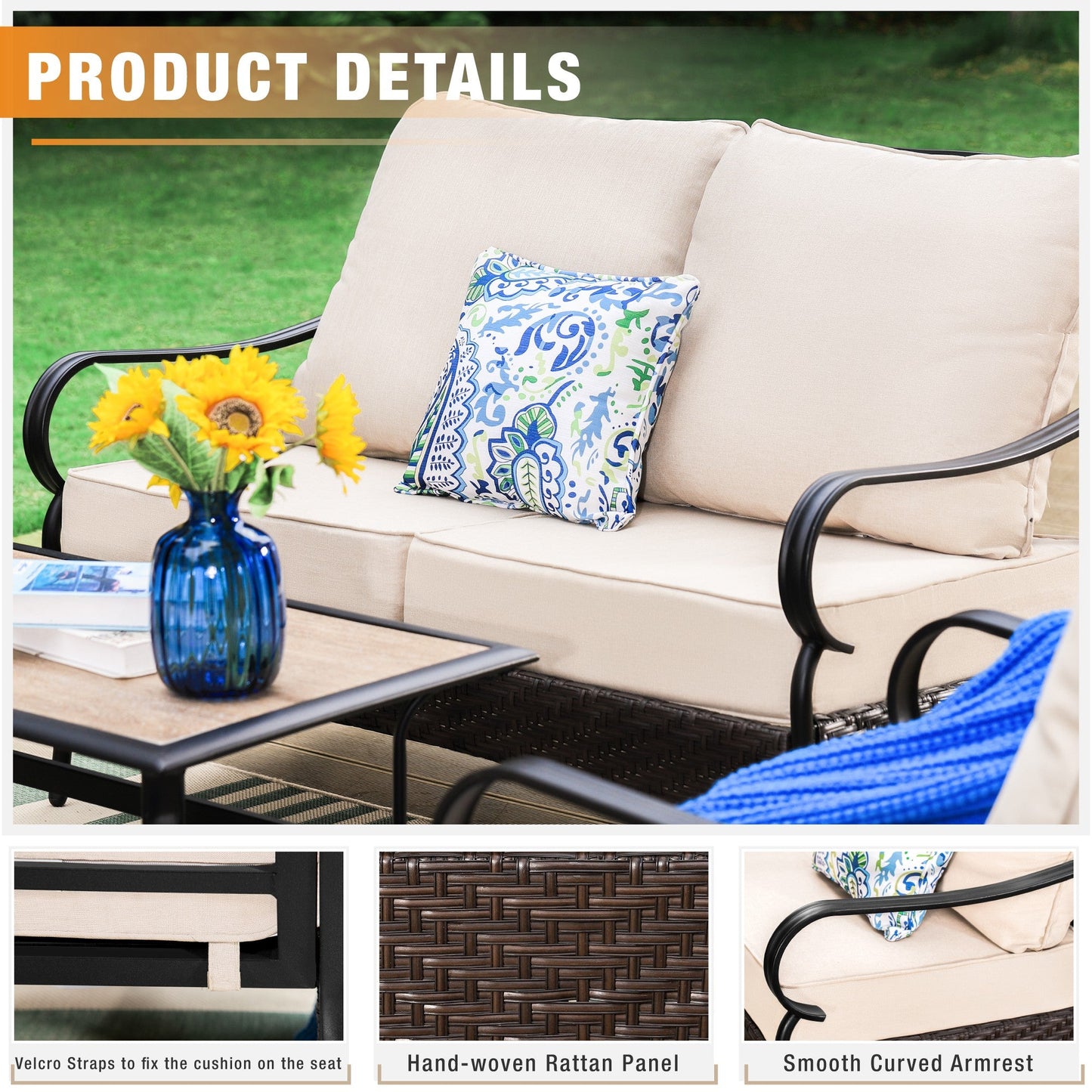 Sophia & William 4 Piece Metal Patio Conversation Sofa Set 4-Seat Outdoor Sectionals with Fire Pit Table