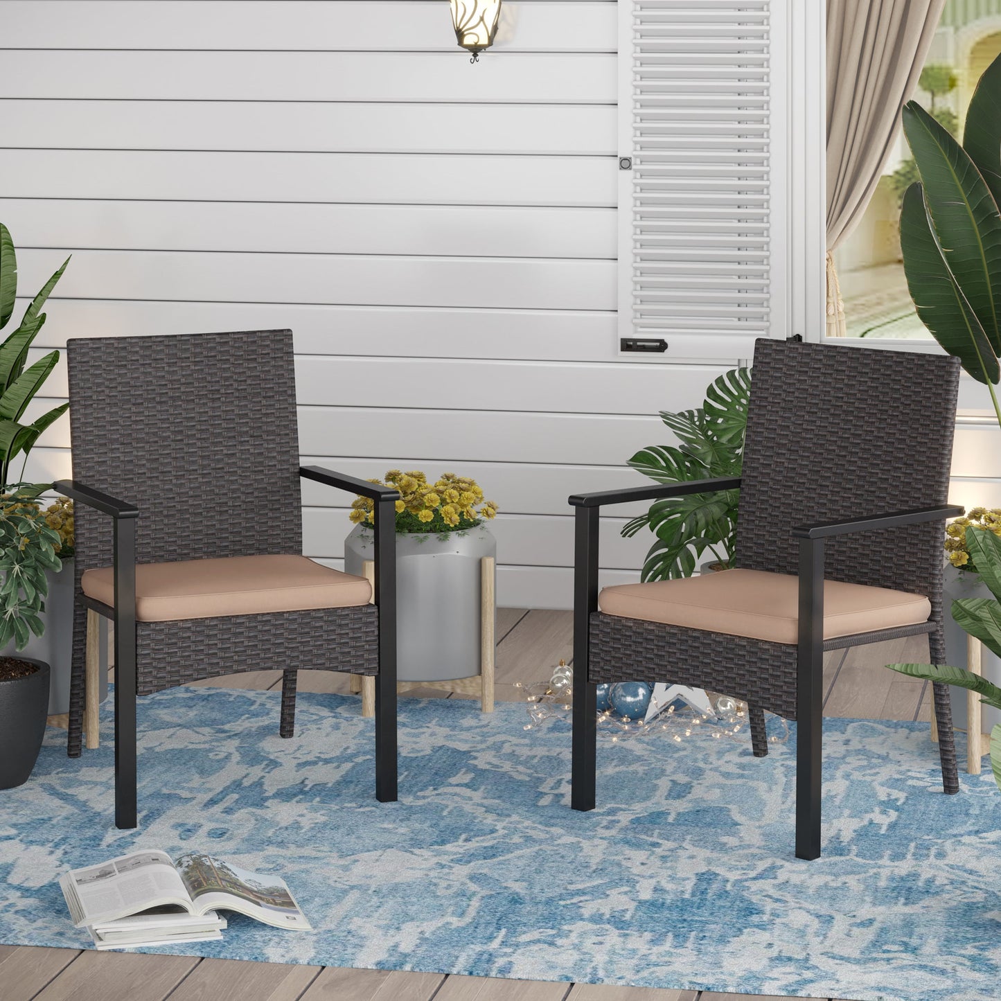 Sophia & William Set of 2 Patio Wicker Rattan Dining Chairs with Beige Cushion