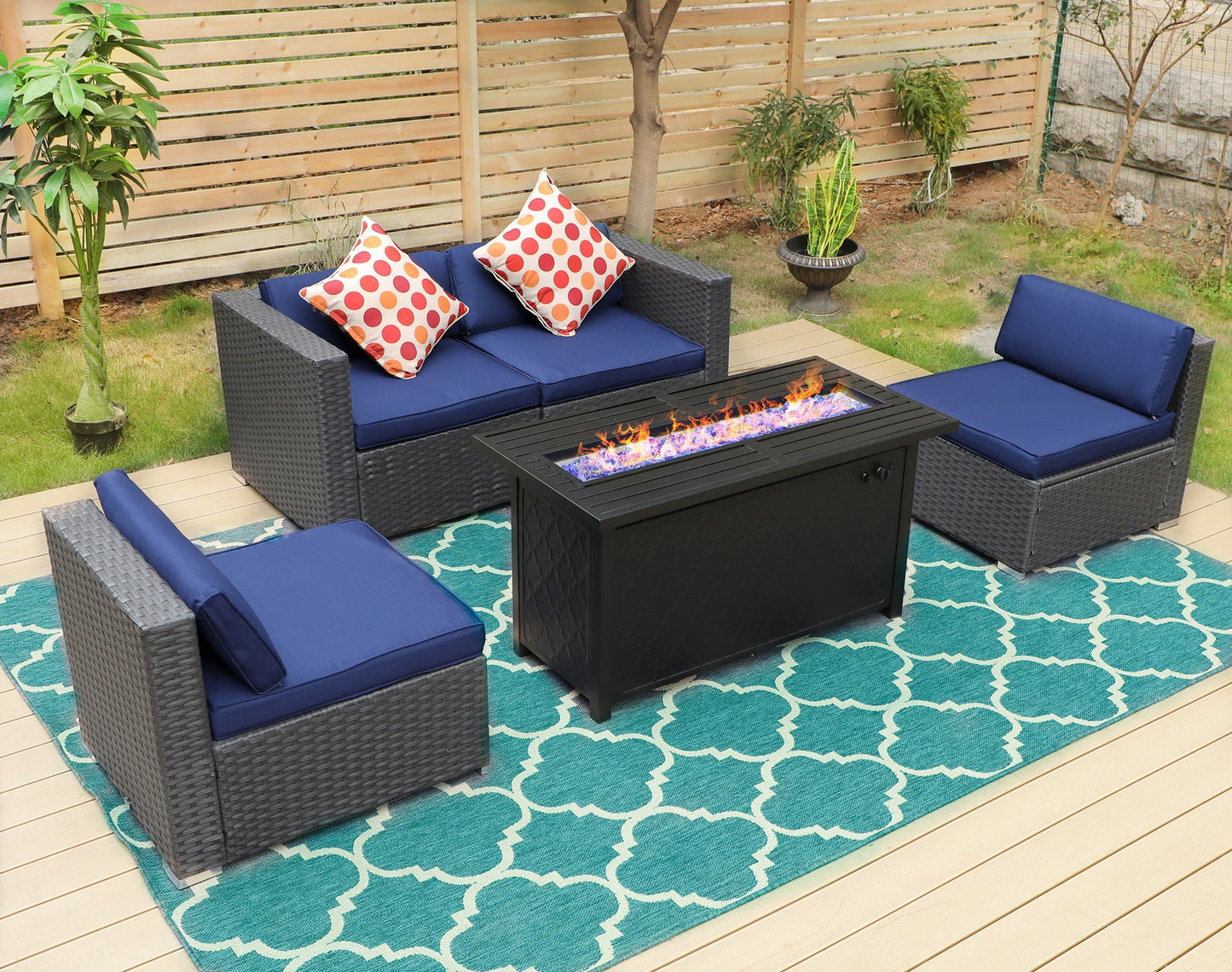 Sophia & William 5 Pcs Rattan Patio Conversation Set Outdoor Sectionals with Fire Pit Table - Navy Blue