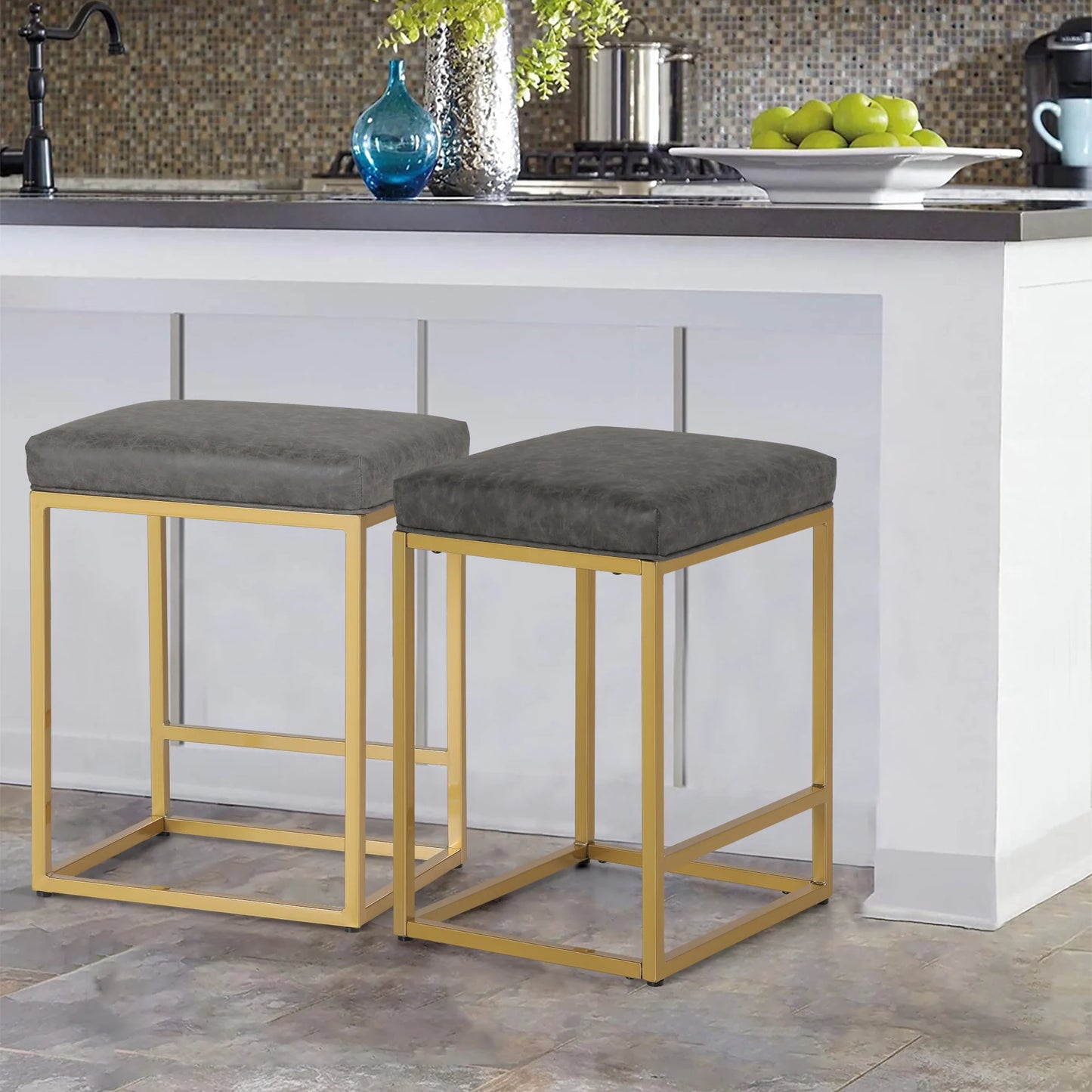 Sophia & William 24" Square Modern PU Leather Bar Stools with Golden Frame-Set of 2-Gray