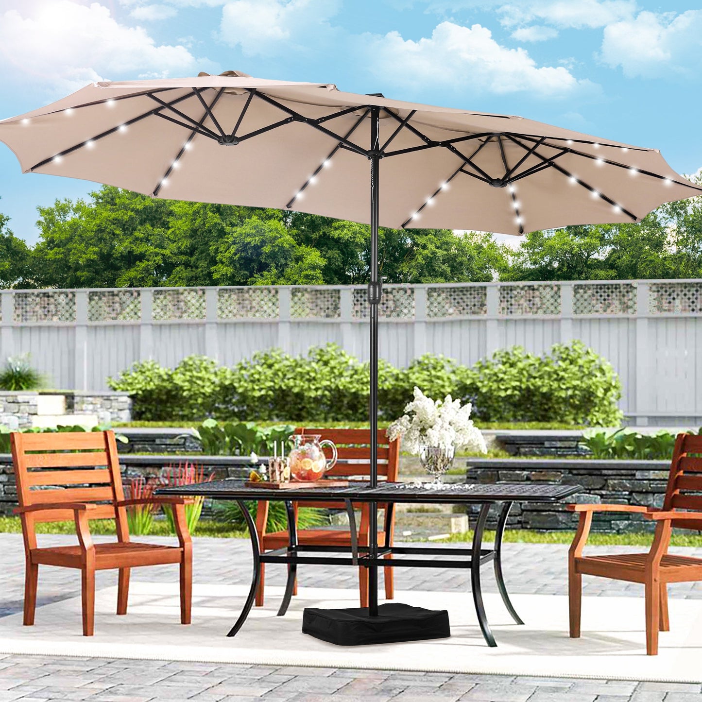 15ft Extra Large Outdoor Patio Double-Sided Umbrella with Solar Lights & Umbrella Base, Beige