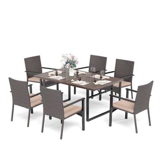 Sophia & William 7-Piece Outdoor Patio Dining Set Rattan Cushioned Chairs and Wood-grain Table Set