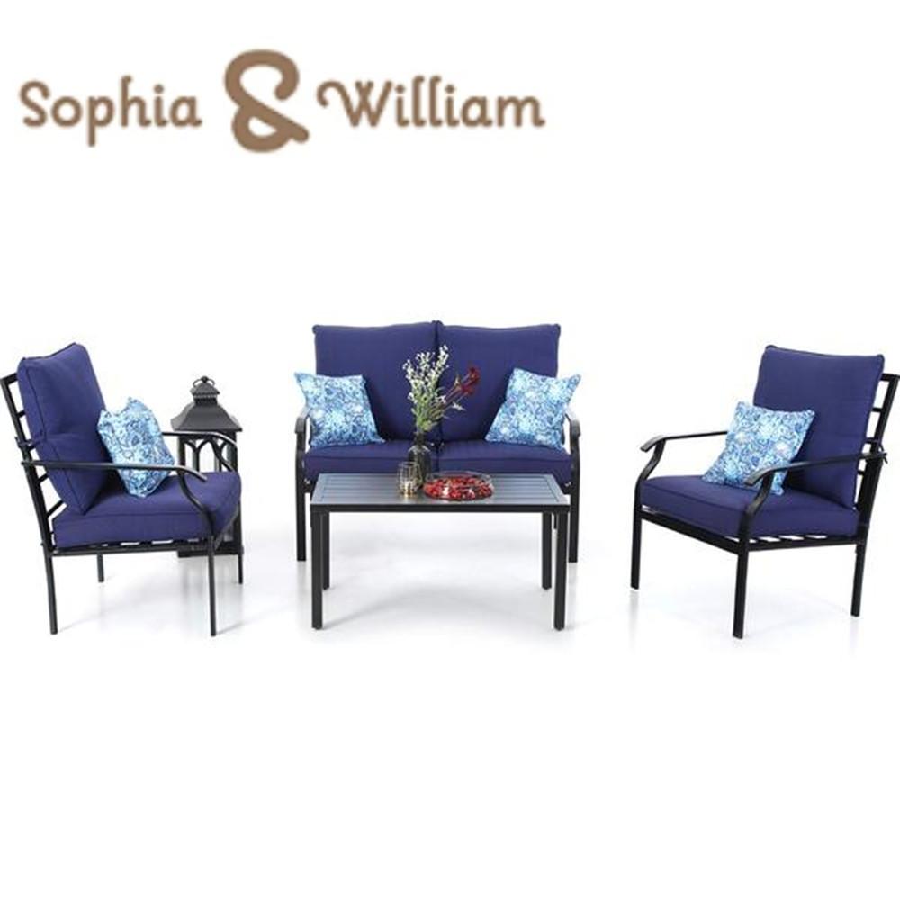 Sophia & William 4 PCS Outdoor Patio Metal Sofa Set Outdoor Furniture Conversation Sofa Sets with Cushion,Navy Blue