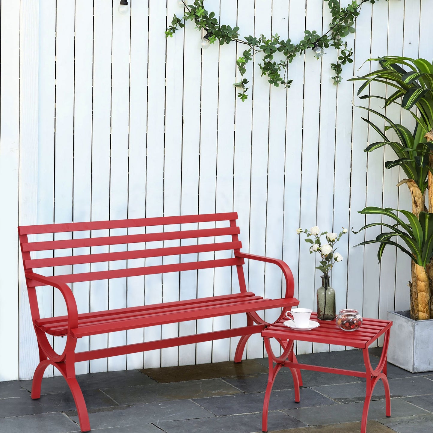 Sophia & William 2 Pieces Metal Outdoor Garden Bench with Side Table - Red