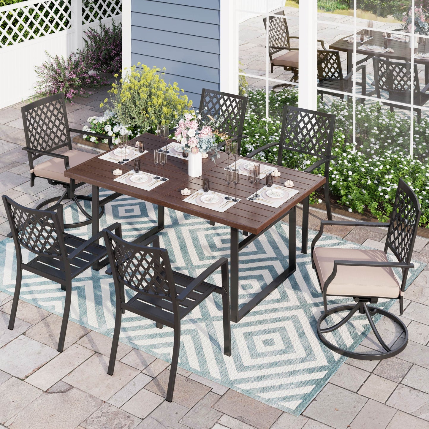 Sophia & William 7-Piece Outdoor Patio Dining Set Metal Chairs and Wood-grain Table Set