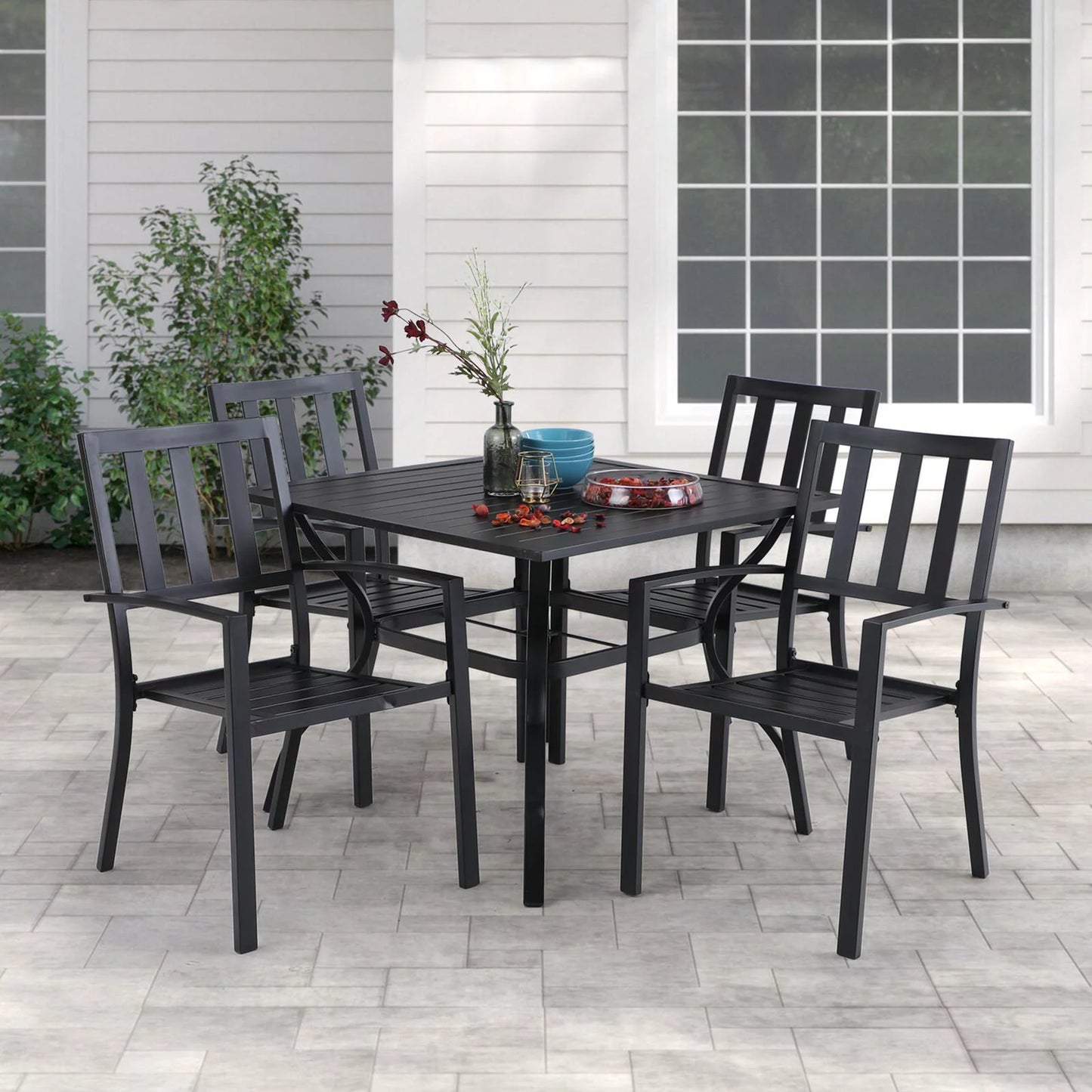 Sophia & William 5 Pcs Metal Patio Dining Set with 4 Stackable Chairs and Table in Black