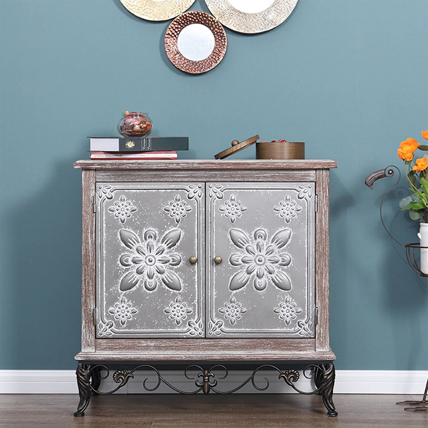 Sophia & William 2-Door Distressed Accent Cabinet with Flower Pattern