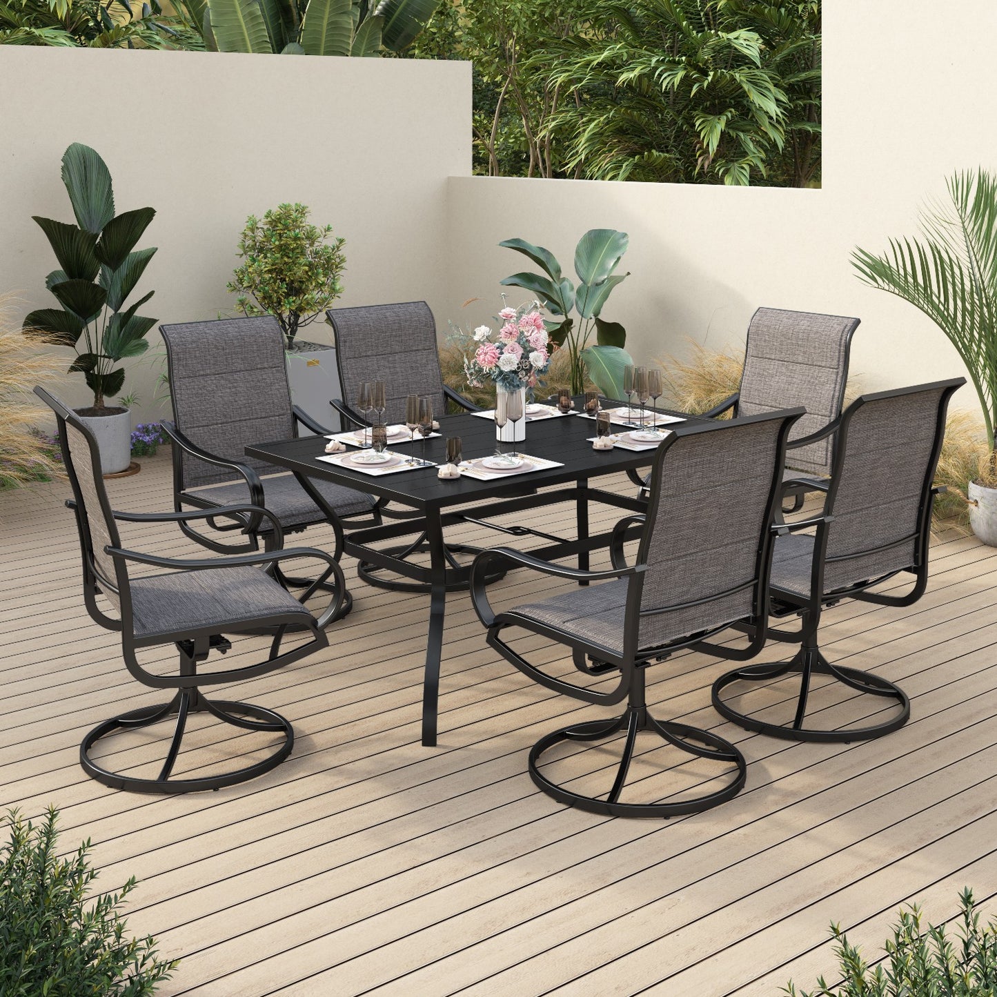 Sophia & William 7 Pieces Metal Patio Dining Set Swivel Paded Chairs and Table Set