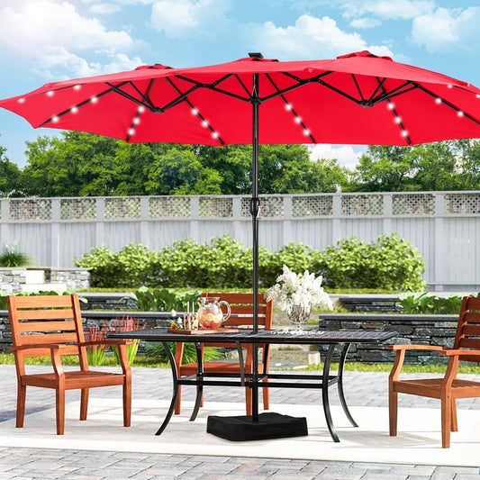 15ft Extra Large Outdoor Patio Double-Sided Umbrella with Solar Lights & Umbrella Base, Red