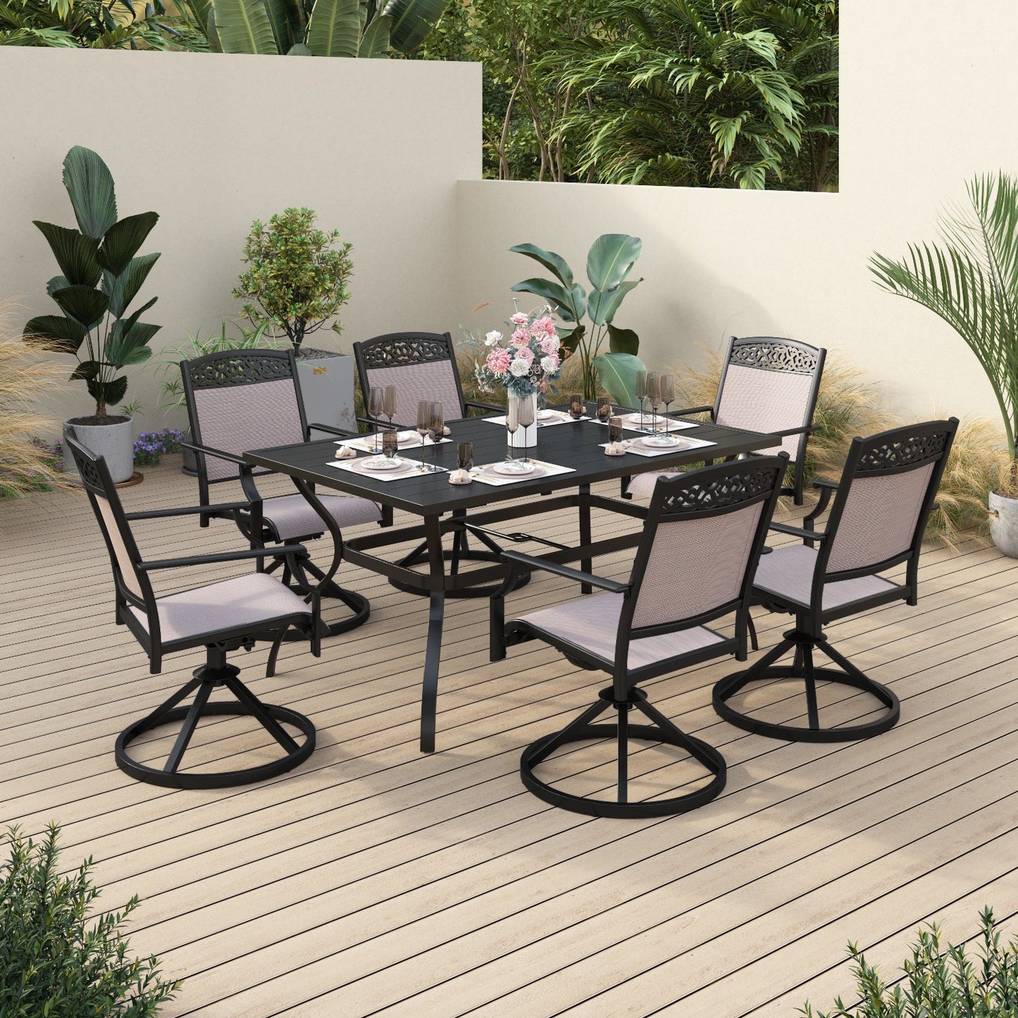 Sophia&William 7 Pieces Patio Dining Set Aluminum Swivel Chairs Table Set, Beige