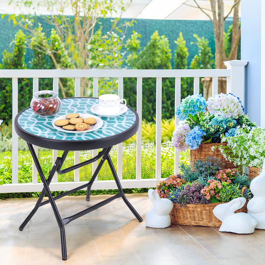 Sophia & William 18 inch Patio Round Folding Side Table Small Portable Bistro Coffee Table Tempered Glass Top